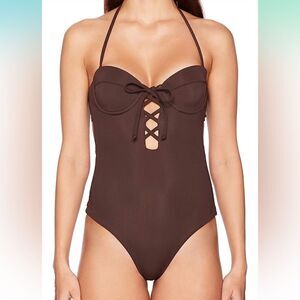 NEW Mara Hoffman Lattice Underwire One Piece Swimsuit Brown Size XL